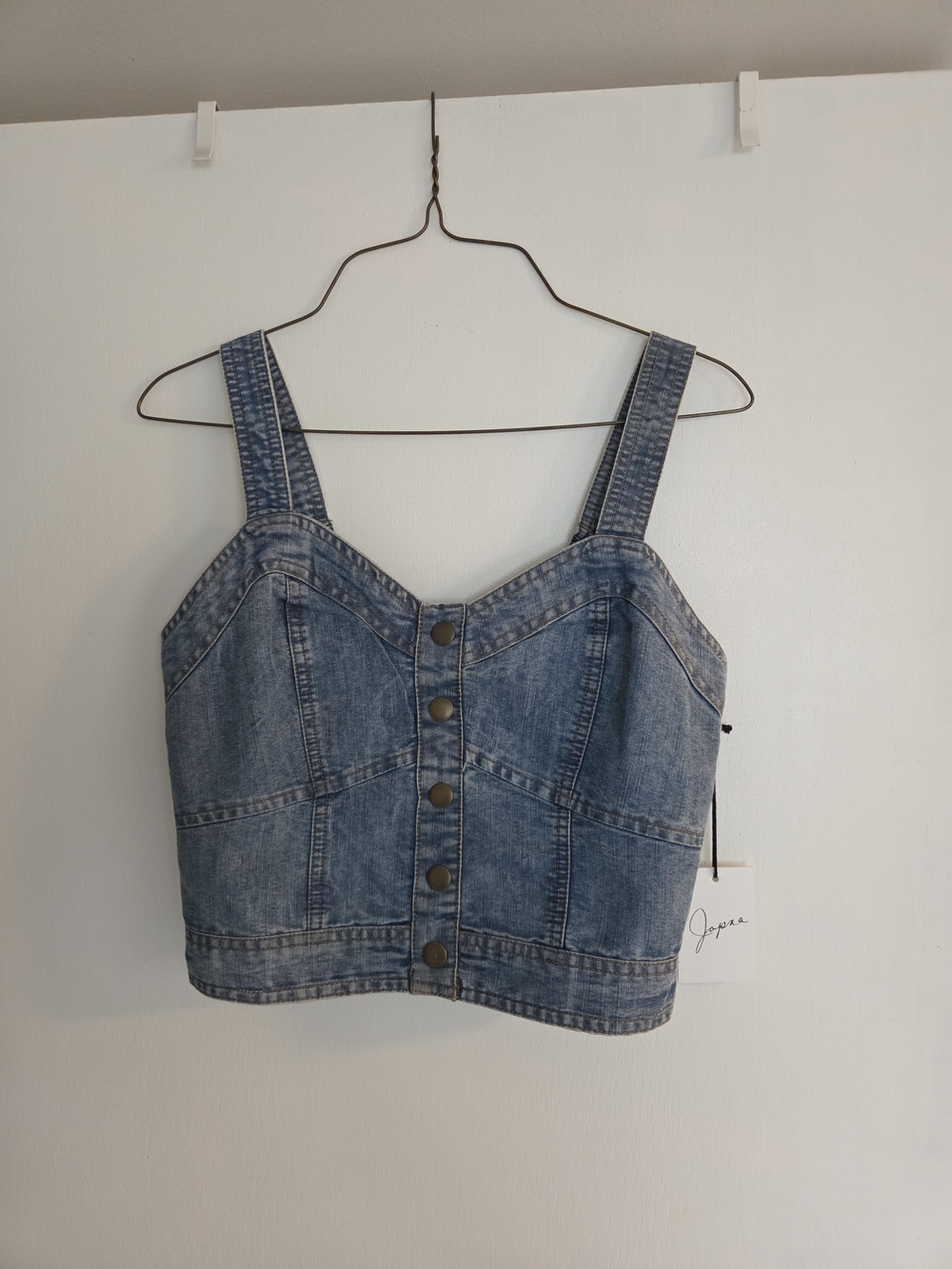 Denim Button-Front Crop Tank Top - Blue